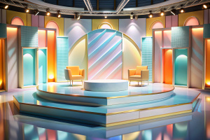 Rubik's Cube Construction Design, Generate a high-resolution photorealistic image of a 3D design of a modern set for a television talk show. Modern and elegant, with pastel, light blue, yellow and orange colors. The background of the stage has many geometric elements of various sizes in 3D, with a lot of relief ((classic Memphis style, Boho style, "Bauhaus")) and warm and welcoming lighting. Panoramic stage divided into three areas, a glamorous entrance for guests in the center of the set in the