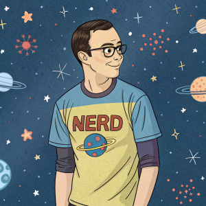 Cartoon depiction of Sheldon Cooper. Brightly colored background with stars and planets. Wearing a t-shirt with the word 'Nerd' on it.