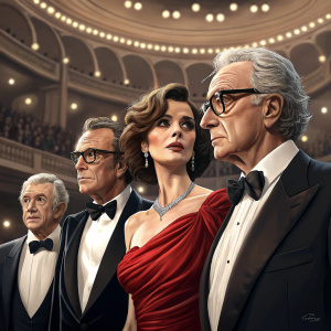Michael Caine, Rachel Weisz, Jane Fonda, Harvey Keitel, and Paolo Sorrentino attending a glamorous film festival. Dressed in formal attire, they stand in front of a grand theater with flickering lights.