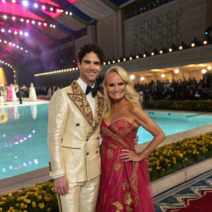 Darren Criss and Kristin Chenoweth, both Caucasians, posing at the Met Gala. They're standing by a pool area with ornate stage decorations and a vibrant audience behind them.