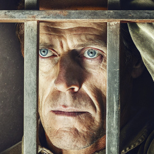 Close-up shot of Willem Dafoe, American actor, intense stare, dark background.