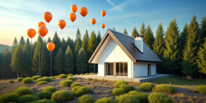 country one-story modern house, minimalistic, modest design, many details, not pretentious, small windows, siding, white walls, triangular roof, located in the forest, a huge bunch of small orange balloons next to the house, light sky, photorealism, high quality photo , photo as in life, hdr, 3K, professional photographer