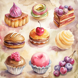 vintage Pastry Watercolor Clipart, Bakery Clipart, French Pastry, Sweet Treat Graphics, Mille-Feuille, Eclair, Croissant, Fruit Tart, Cremecaramel , vintage background 