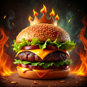 a burger with 2 zingers cheesy and a crown on the bun and background will be  fire burning 