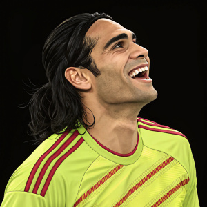 Digital art of Radamel Falcao in a whimsical style. Wearing bright green jersey with red stripes. Plain black background