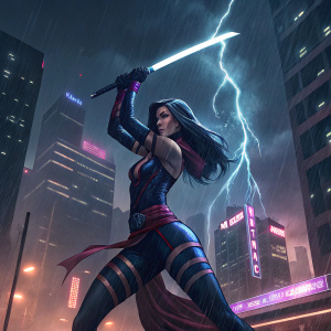 Psylocke, a Marvel Comics character, wielding a katana in a dynamic pose. Dark, stormy cityscape background