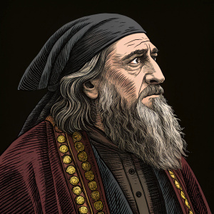 Henry Irving as Shylock from 'The Merchant of Venice'. Wearing a traditional Jewish robe, long beard, stern expression. Dark and detailed illustration with intricate shading. Simple black background.