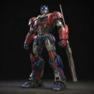Transformers-inspired Optimus Prime 3D render. Power stance. Red, blue, metallic. Stands against black backdrop, ready for action.