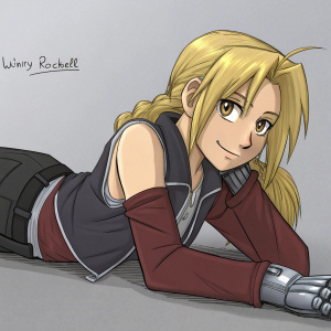Digital illustration featuring Winry Rockbell and Den from Fullmetal Alchemist. Detailed sketch style. Winry with blonde hair and Den with mechanical arm, lying on a plain gray background. Artist's signature visible