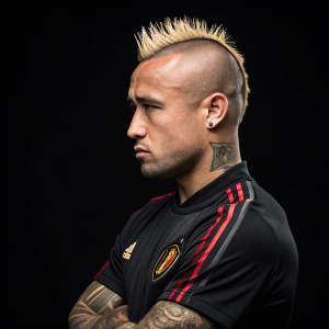 Professional soccer player Radja Nainggolan, sporting a mohawk and blonde hair, strikes a serious pose. The background is a stark black.
