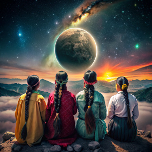 cuatro mujeres bolivianas andinas, cholas, con pelo trenzado negro unido en trenzas, con vestimenta tipica de bolivia aguayos,  sentadas, mirando el ocaso, con cerros de vislumbre, con un eclipse de luna, universo futuro pasado, nacimiento de una estrella, y armar un logotipo con el nombre WARMIKUNA