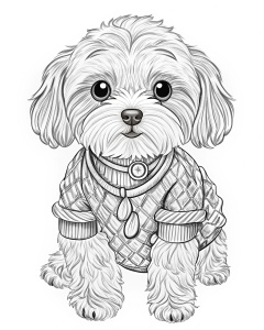 maltese dressed fashionably in Gucci style, line art, black and white outline, chibi style, Animal Outline for kids coloring book