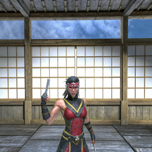 Sheeva, from Mortal Kombat, stands with fierce determination. She wears a vibrant red and black outfit with gold accents. The backdrop is a stark black and white, highlighting her imposing figure.