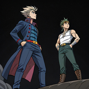 Two characters from JoJo's Bizarre Adventure. The first, with slender build, pointed ears, and unique hairstyle. The second, muscular build, distinct hairstyle. Standing against black backdrop. Comic panel