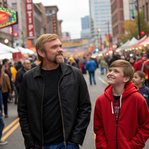 Rick Schroder and Holden Schroder at a bustling street festival. Rick, with a goatee and dressed in a black jacket, stands casually. Holden, in a red hoodie, looks excited. Crowded city scene.