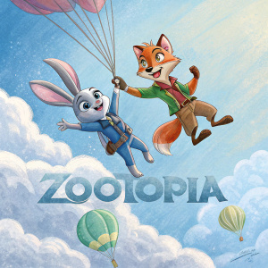 Digital painting of Zootopia scene. Characters: Judy Hopps, a rabbit, and Nick Wilde, a fox, are floating mid-air against a serene blue sky with cotton candy clouds. 'Zootopia' logo prominently displayed beneath.