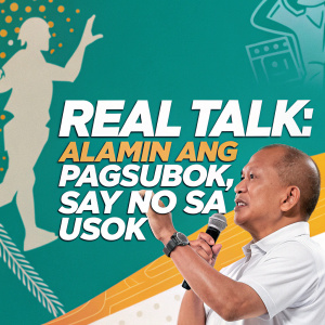 Event poster for 'Real Talk: Alamin ang Pagsubok, Say No sa Usok'. Vibrant colors, teal, white, orange, and yellow, with text overlay