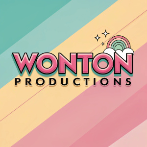 Wonton Productions logo, vibrant and modern design. Bold font, pastel color palette, gradient background, creative and professional style.