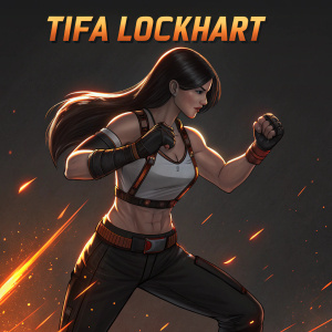 Tifa Lockhart illustrated in a striking combat stance. Dark background with glowing orange highlights. Character name 'TIFA LOCKHART' at top. Motion-filled and detailed.