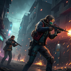 Digital artwork featuring main characters from Free Fire. Gunfire and explosions. Dark, gritty, urban setting.