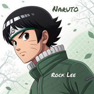 Illustration of Rock Lee from Naruto anime series, youthful male character with intense expression. Black hair styled in spiky bob. Wearing green attire with high-collared jacket and bandages. Athletic physique. 'NARUTO' and 'Rock Lee' text on minimalist white background.