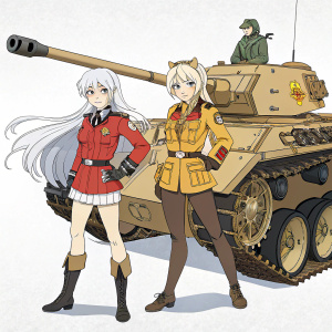 An illustration featuring Kurumorimine Girls and RWBY characters. Long white hair, military-inspired uniforms. Standing beside a Panzerkampfwagen V Panther II tank. Detailed and colorful design blending cartoonish and realistic elements. Anime and manga style.