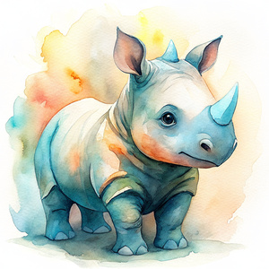 very cute rhino clipart, organic forms, in the style of collaboration by Jon Klassen and Oliver Jeffers desaturated light and airy pastel color palette, nursery art, white background