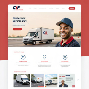 Homepage of Cif Express USA's website. Minimalist design with clean lines and modern font. Prominent images of delivery trucks and smiling customer service representatives. Bold color palette and neutral tones. Services highlighted with icons.