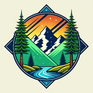 logo, Coniferous forest divided by a river, surrounded by mountains, drawn with neon lines of birch and green colors