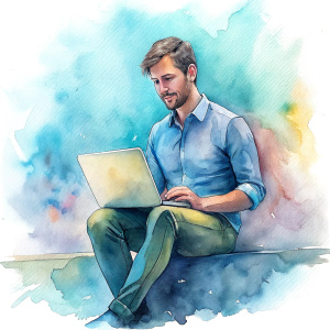 A man sits at a macbook and makes a selling website 