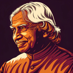 Dr. A.P.J. Abdul Kalam, renowned scientist, depicted in a 3D digital portrait. His face is shown with a warm, smiling expression, white hair, and a wrinkled nose. The background is a stark black.