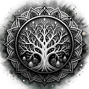 Nordic yggdrasil –  high-definition design grey and black, realistic tattoo design, white background