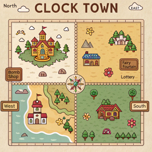 Detailed map of Clock Town, Legend of Zelda: Majora's Mask. Includes North, East, West, and South Clock Town sections. Icons for Bomb Shop, Lottery, and Fairy Fountain. Earth tones and playful themed colors. Clear layout with distinct areas.