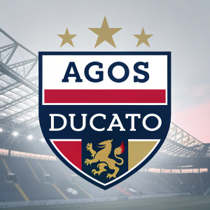 Modern logo design featuring the names Agos and Ducato. Styled with Genoa Cricket and Football Club colors and symbols.