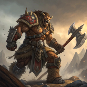 Rexxar from the Warcraft universe, muscular orc with brown skin, fierce expression, wielding weapons and wearing a mix of armor and accessories in a detailed, digital art style.
