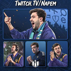 Noel Ulep in multiple snapshots, showcasing diverse expressions and gestures. Dark blue background. Twitch.tv/Napem logo featured prominently.