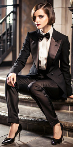  Emma Watson's portrait, with bob haircut in the Louise Brooks' style, a "shingle" bob cut 1920s style, wearing black tuxedo suit, high heels, high resolution, fashion magazine quality, Helmut Newton's style, 8k, Vogue cover