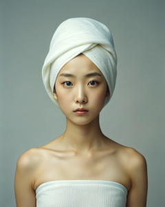 <lora:DetailedEyes_xl_V2:1>, <lora:neg4all_bdsqlsz_xl_V7:1>, 1girl, Li Chengmin, wearing a white skirt, 23-year-old Korean actress, towel wrapped hair, blank art show, collarbone, looking at the audience, exquisite earrings, Necklace, choppy waves, beautiful perfect body, (simple white background: 1.2), (panorama: 1.3), in a white room, beautiful mature, wide angle shot, grin, deep groove, deep shadows, John Rankin Waddell,Clara Lee Sung-min’s perfect body proportions