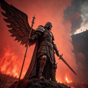 A colossal statue of Azrael, draped in ornate armor and wielding a sword, looms against a fiery red backdrop. The setting exudes an intense, vibrant atmosphere.