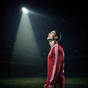 Cristiano Ronaldo, intense emotion, dressed in red jersey with white stripes. Soccer field at night, spotlight on him.
