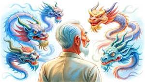 There are five Chinese dragons spoke to one old Chinese man wearing a T-shirt.