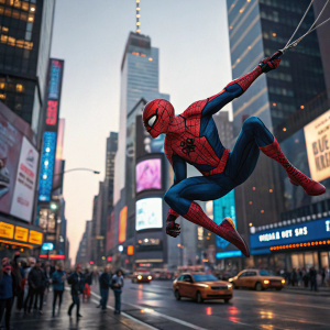 Spider-Man swinging through the bustling streets of New York City, surrounded by towering skyscrapers and billboards.