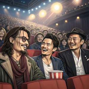 Johnny Depp, Orlando Bloom, and Chow Yun-Fat attend a lively Q&A session in a packed auditorium in Tokyo, Japan.
