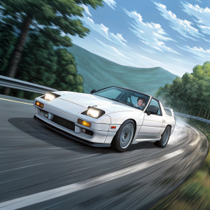 Cover art for Initial D Fourth Stage, DVD Volume 01. Male driver in white sports car, racing on winding road, dynamic background