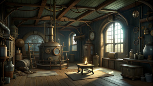  inside a steampunk house, realism, perfect composition, low detailed, 4D,