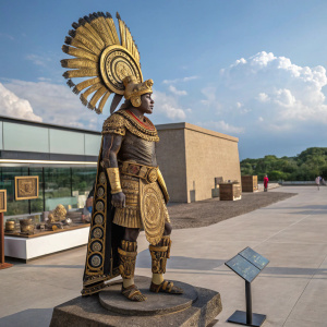 Mayan warrior statue. Gold headdress, intricate patterns, ornate accessories. Outdoor museum exhibit