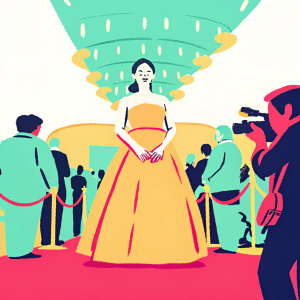 Zhao Tao, in elegant evening gown, at Cannes Film Festival's after party. The venue is brightly lit, with celebrity guests and media in attendance.