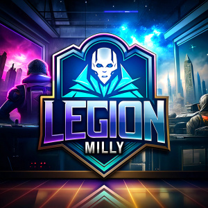 crear una imagen grande  texto  "LEGION  MILLY" en un salon con su admin,  imagenes de muñequitas,  fondo artistico full hd 8k