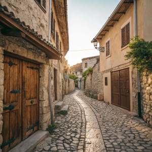 An antique cobblestone alley in Mostar, Bosnia and Herzegovina. The pathway is narrow, bordered by weathered buildings with earth-toned facades and wooden doors. The sunlight casts a warm glow, highlighting the textures of the stone and wood.