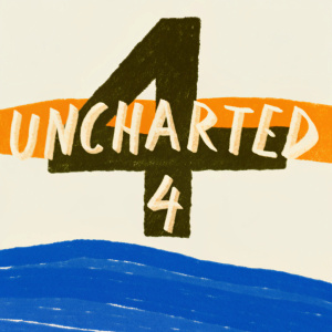High-resolution logo for Uncharted 4. Bold font for game title. A large numeral '4' prominently displayed. Minimalist color palette, black and white